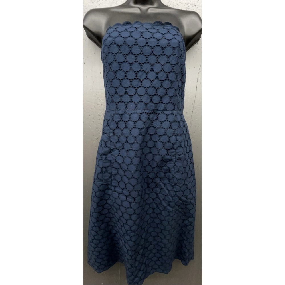 J Crew Eyelet Dress 6 Blue Strapless Cotton Pockets Coastal Preppy Quiet Luxury